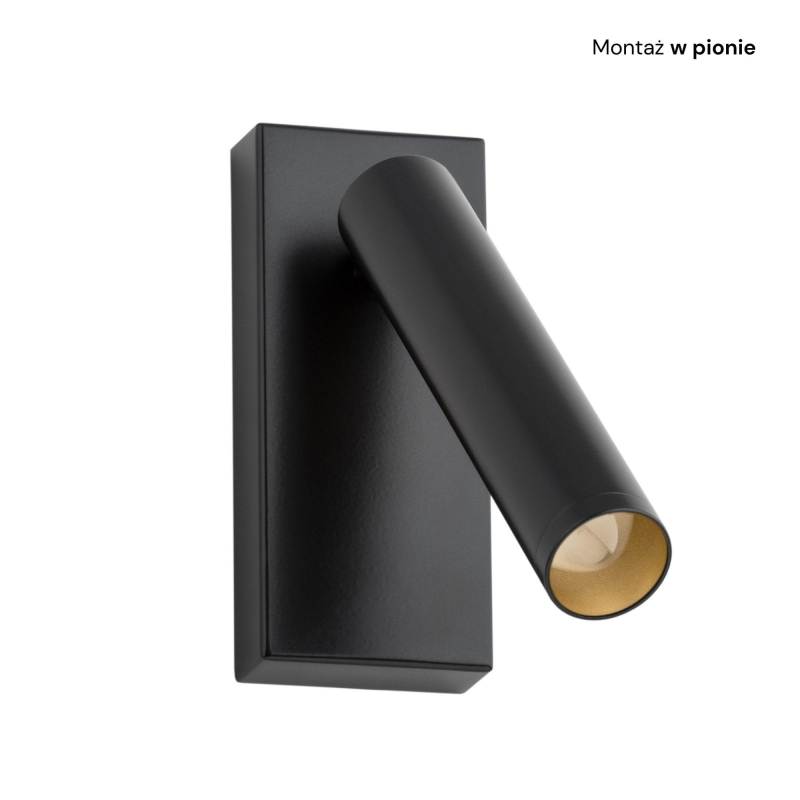 Mały czarny kinkiet do czytania z regulacją nachylenia RIO - montaż w pionie.