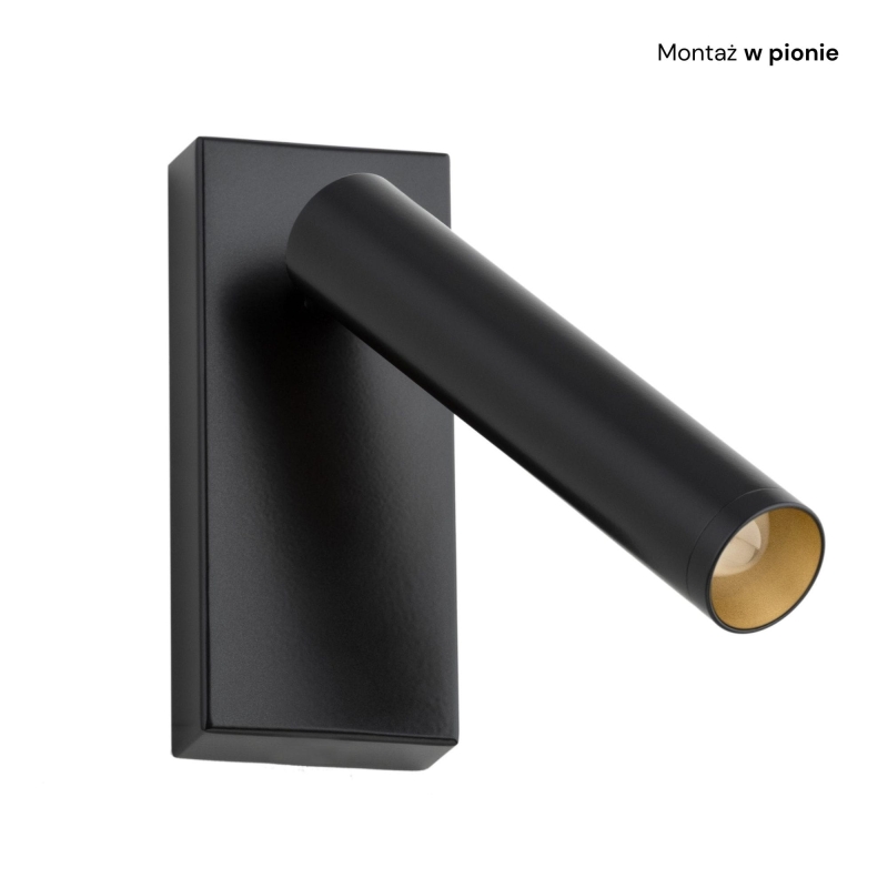 Mały czarny kinkiet do czytania z regulacją nachylenia RIO - montaż w pionie.