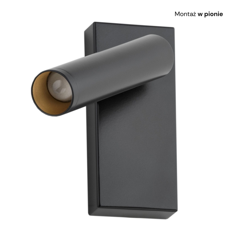 Mały czarny kinkiet do czytania z regulacją nachylenia RIO - montaż w pionie.