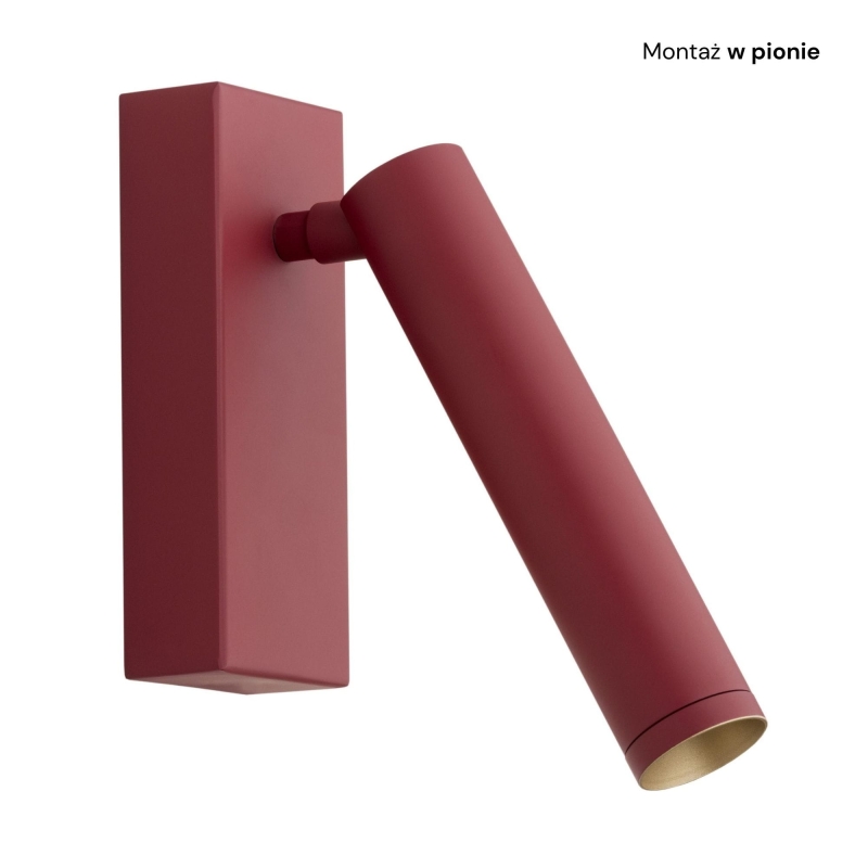 Mały czerwony kinkiet do czytania z regulacją nachylenia RIO - montaż w pionie.