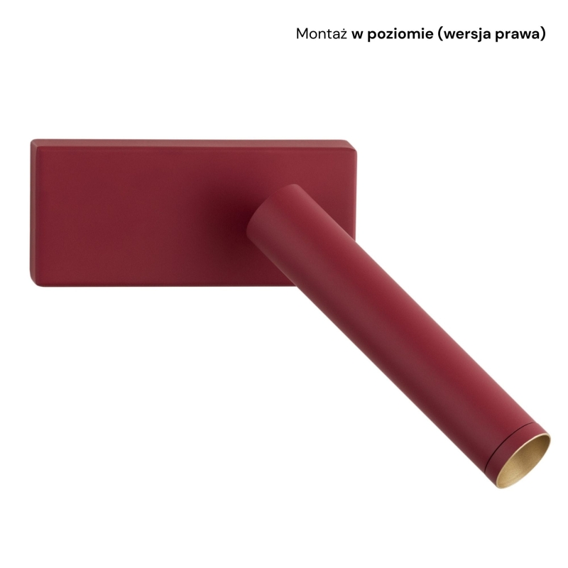 Mały czerwony kinkiet do czytania z regulacją nachylenia RIO - montaż w poziomie (wersja prawa).