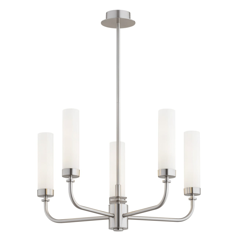 Srebrny niklowany żyrandol pięcioramienny z kloszami z mlecznego szkła PRESTON 5.