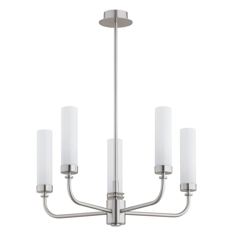 Srebrny niklowany żyrandol pięcioramienny z kloszami z mlecznego szkła PRESTON 5.