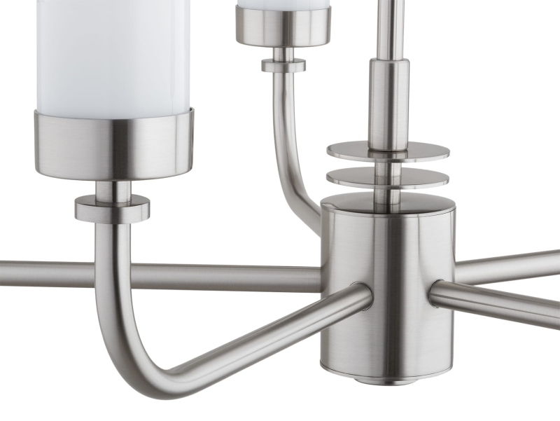 Srebrny niklowany żyrandol pięcioramienny z kloszami z mlecznego szkła PRESTON 5.