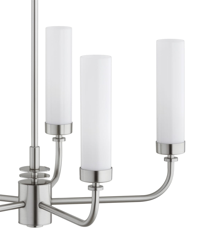 Srebrny niklowany żyrandol pięcioramienny z kloszami z mlecznego szkła PRESTON 5.