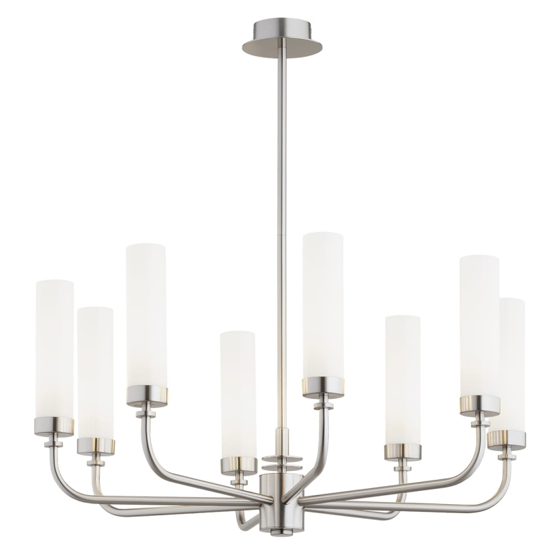 Srebrny niklowany żyrandol ośmioramienny z kloszami z mlecznego szkła PRESTON 8.