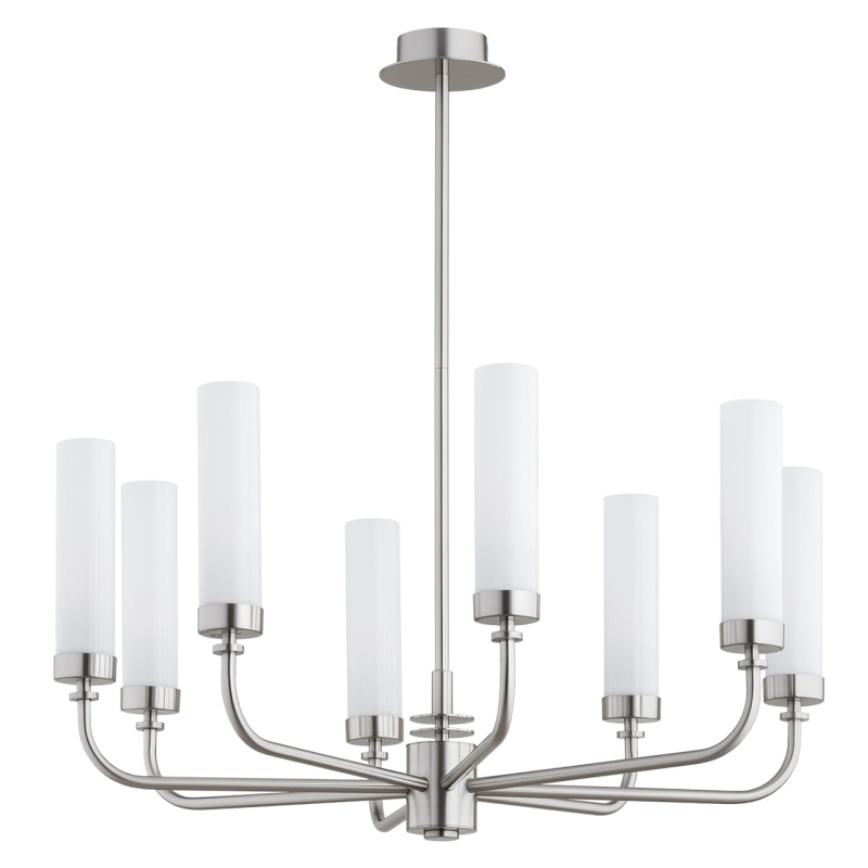 Srebrny niklowany żyrandol ośmioramienny z kloszami z mlecznego szkła PRESTON 8.