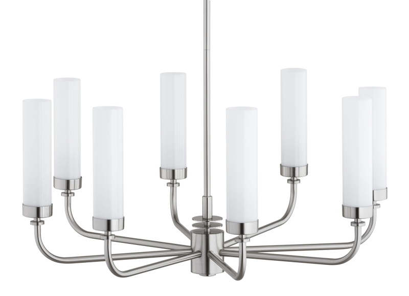 Srebrny niklowany żyrandol ośmioramienny z kloszami z mlecznego szkła PRESTON 8.