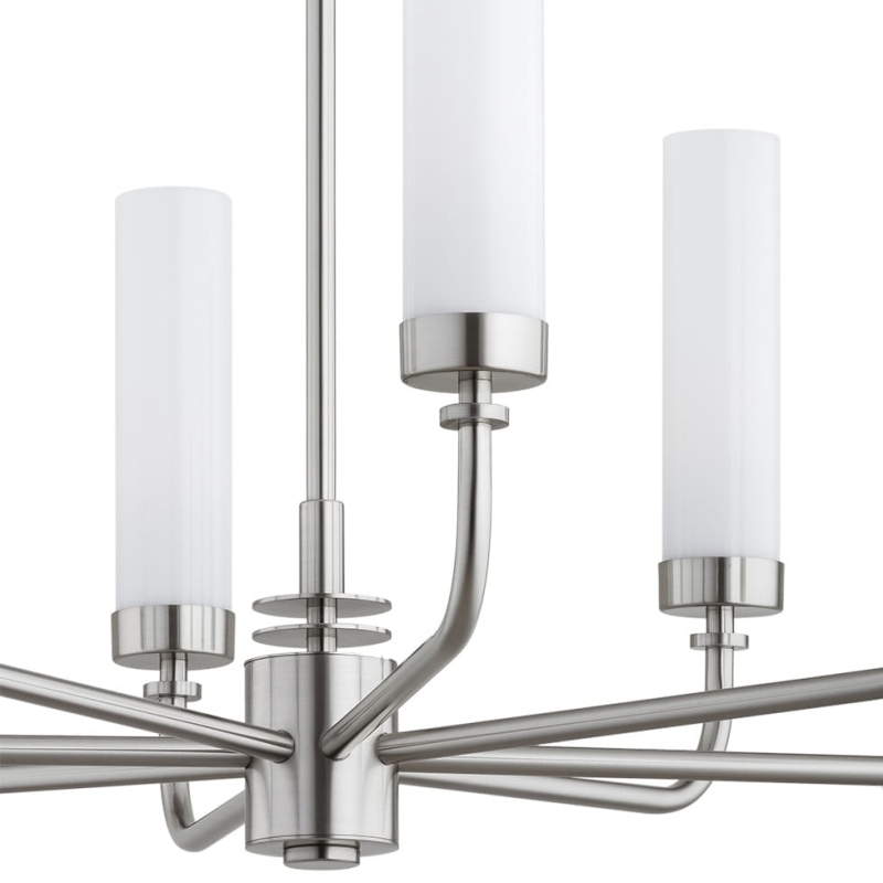 Srebrny niklowany żyrandol ośmioramienny z kloszami z mlecznego szkła PRESTON 8.