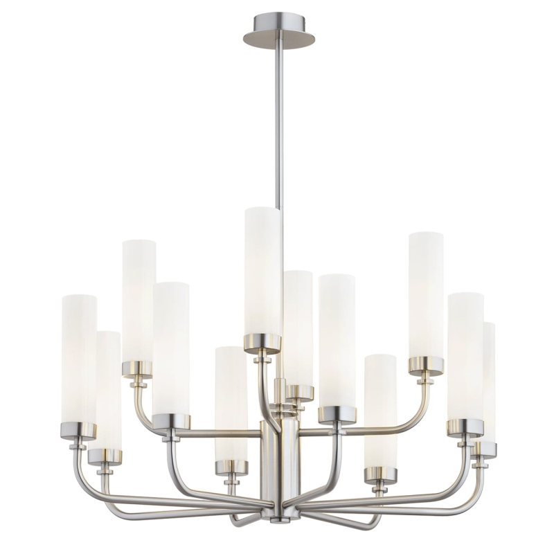 Duży srebrny niklowany żyrandol dwunastoramienny z kloszami z mlecznego szkła PRESTON 12.