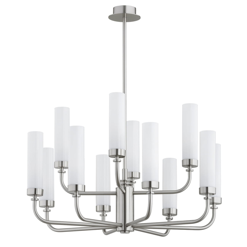 Duży srebrny niklowany żyrandol dwunastoramienny z kloszami z mlecznego szkła PRESTON 12.
