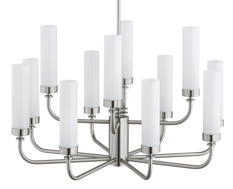Duży srebrny niklowany żyrandol dwunastoramienny z kloszami z mlecznego szkła PRESTON 12.