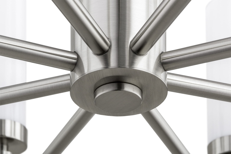 Duży srebrny niklowany żyrandol dwunastoramienny z kloszami z mlecznego szkła PRESTON 12.