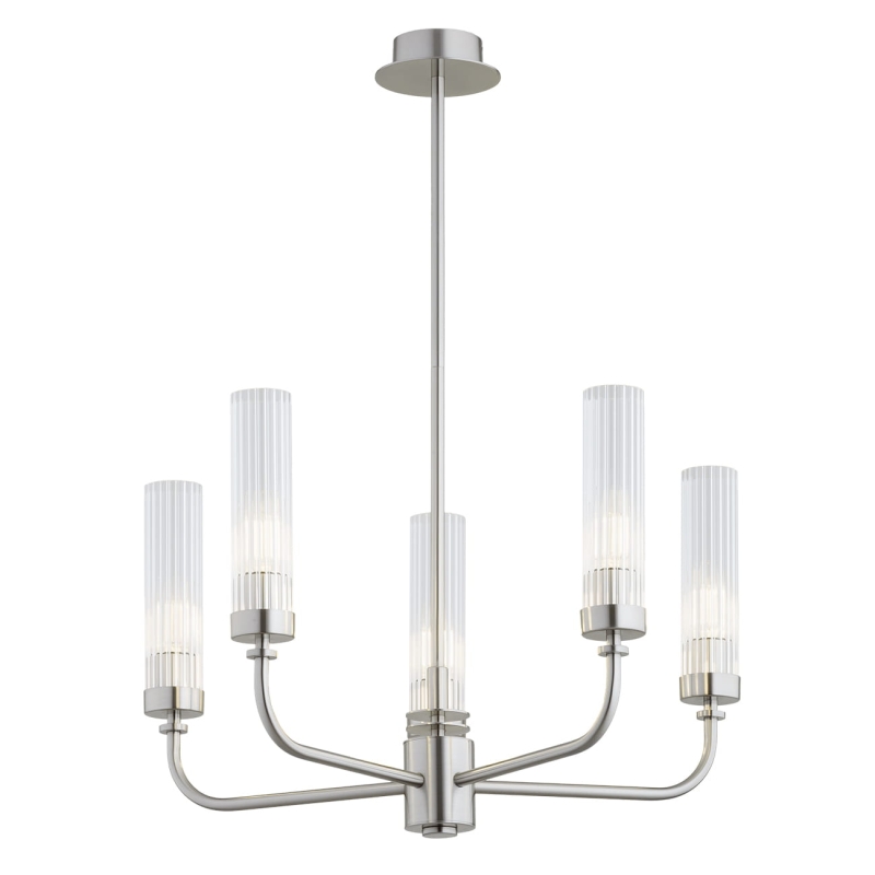 Srebrny niklowany żyrandol pięcioramienny z kloszami z ryflowanego szkła PRESTON 5.