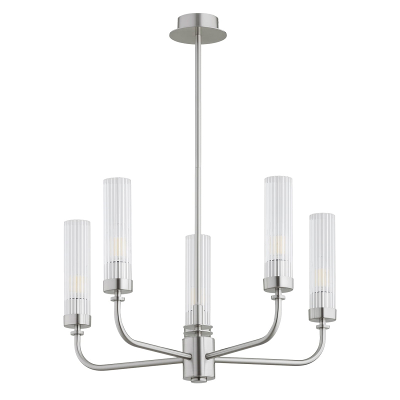 Srebrny niklowany żyrandol pięcioramienny z kloszami z ryflowanego szkła PRESTON 5.