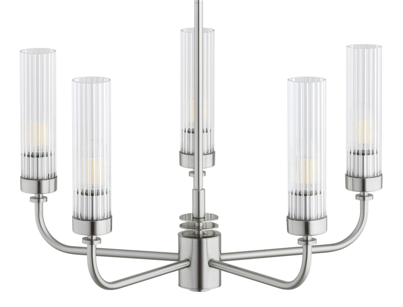 Srebrny niklowany żyrandol pięcioramienny z kloszami z ryflowanego szkła PRESTON 5.