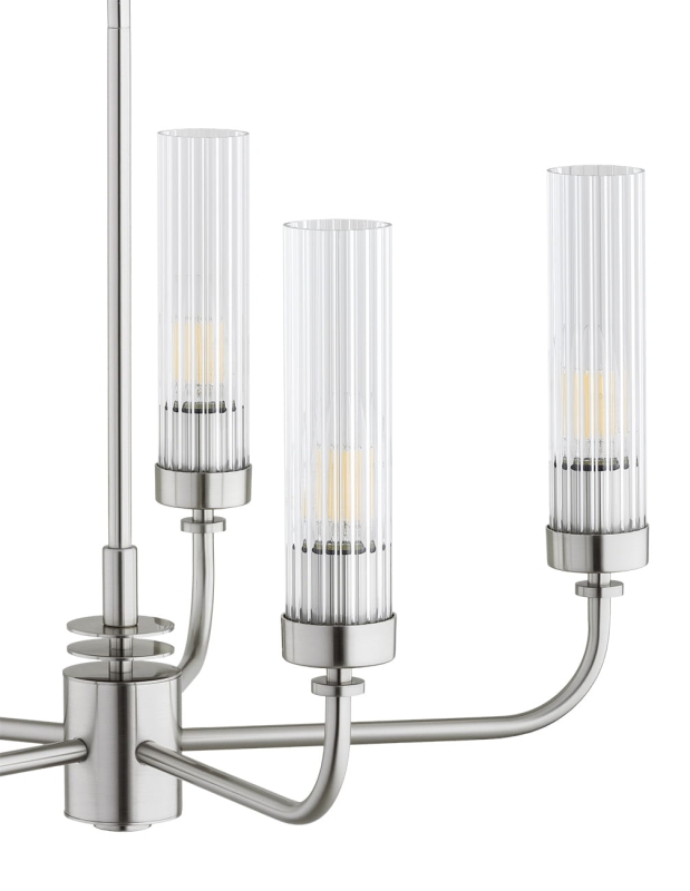 Srebrny niklowany żyrandol pięcioramienny z kloszami z ryflowanego szkła PRESTON 5.