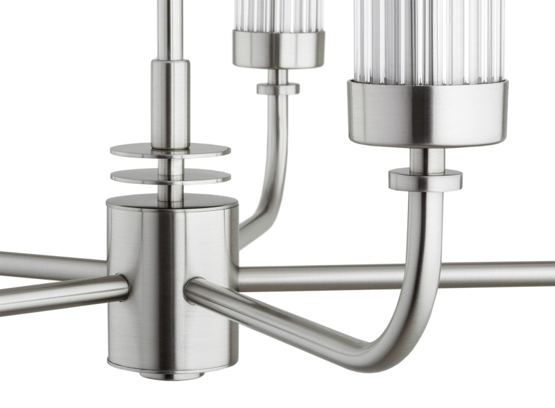 Srebrny niklowany żyrandol pięcioramienny z kloszami z ryflowanego szkła PRESTON 5.