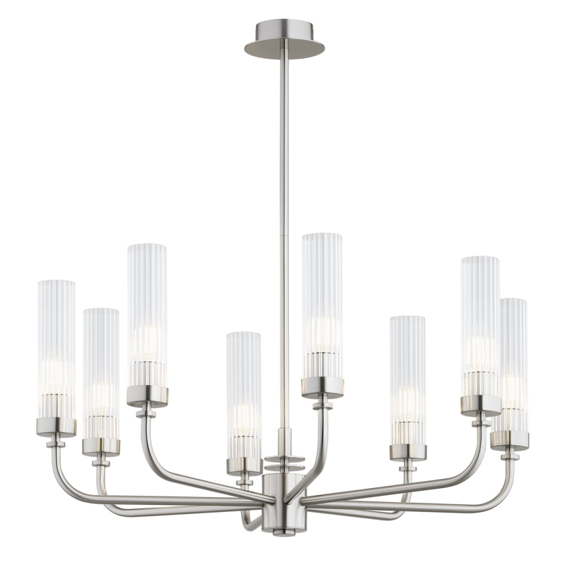 Srebrny niklowany żyrandol ośmioramienny z kloszami z ryflowanego szkła PRESTON 8.