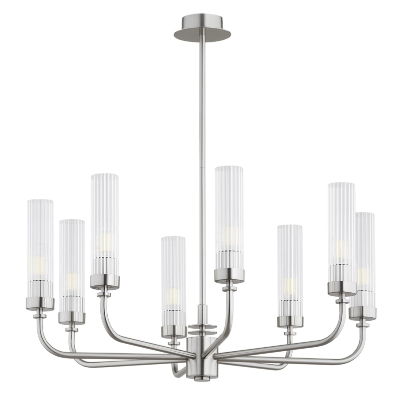 Srebrny niklowany żyrandol ośmioramienny z kloszami z ryflowanego szkła PRESTON 8.