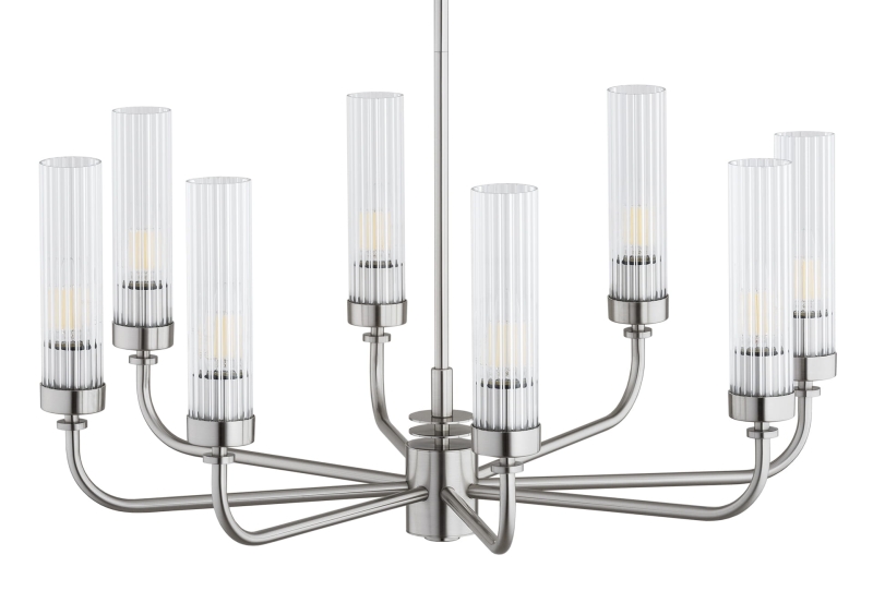 Srebrny niklowany żyrandol ośmioramienny z kloszami z ryflowanego szkła PRESTON 8.