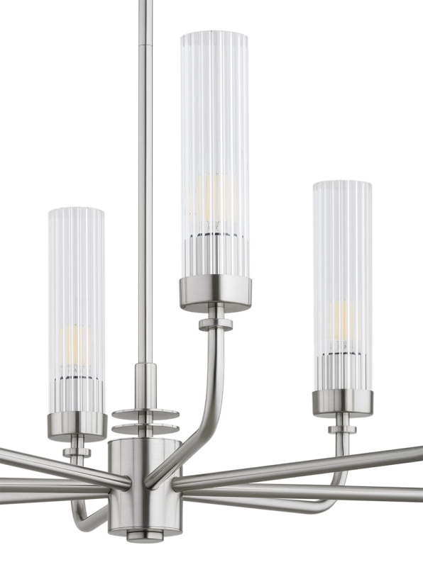 Srebrny niklowany żyrandol ośmioramienny z kloszami z ryflowanego szkła PRESTON 8.