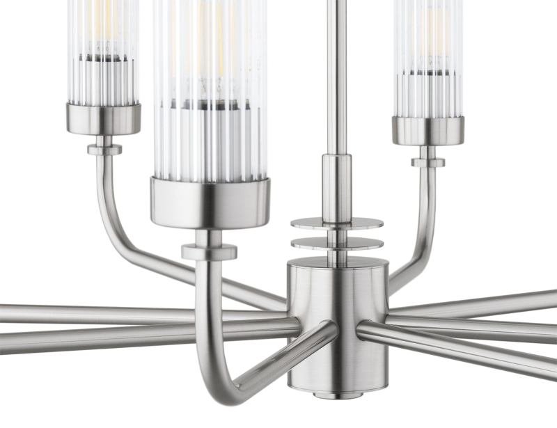 Srebrny niklowany żyrandol ośmioramienny z kloszami z ryflowanego szkła PRESTON 8.