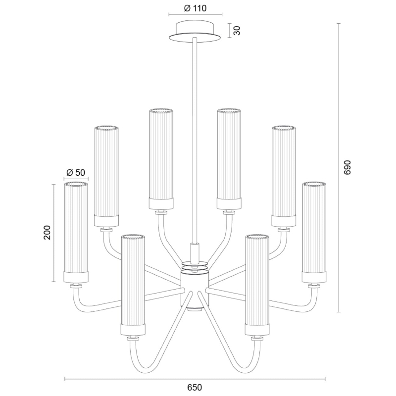 Srebrny niklowany żyrandol ośmioramienny z kloszami z ryflowanego szkła PRESTON 8 - wymiary.