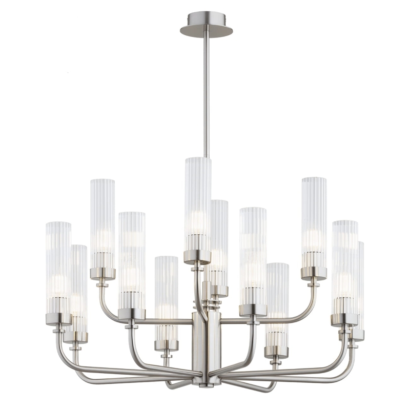 Duży srebrny niklowany żyrandol dwunastoramienny z kloszami z ryflowanego szkła PRESTON 12.