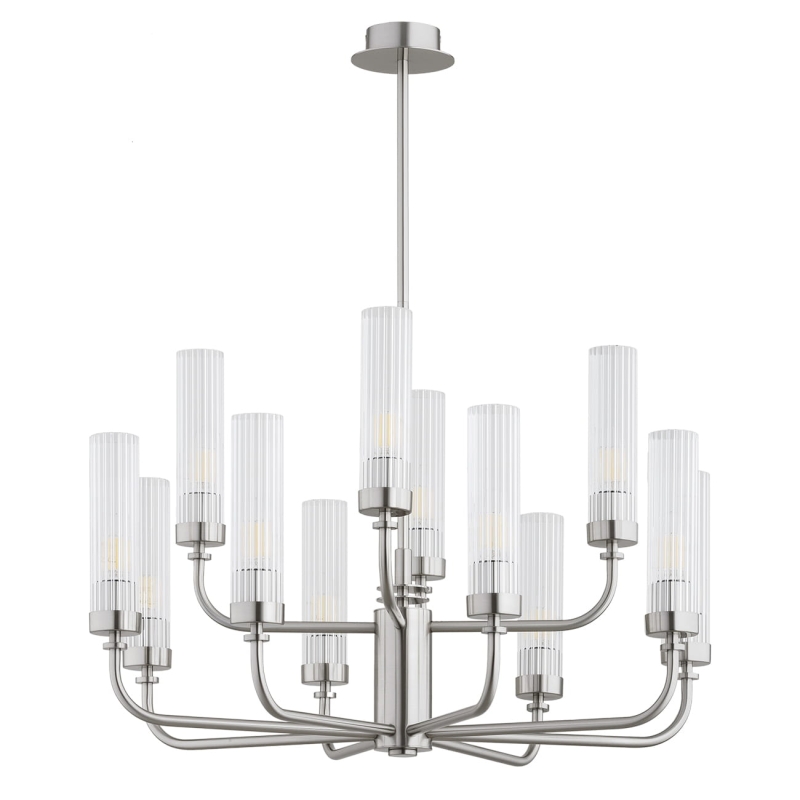 Duży srebrny niklowany żyrandol dwunastoramienny z kloszami z ryflowanego szkła PRESTON 12.