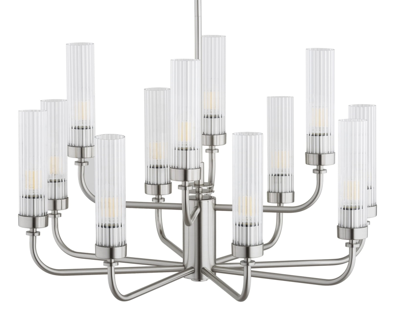 Duży srebrny niklowany żyrandol dwunastoramienny z kloszami z ryflowanego szkła PRESTON 12.