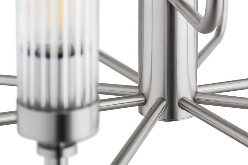 Duży srebrny niklowany żyrandol dwunastoramienny z kloszami z ryflowanego szkła PRESTON 12.