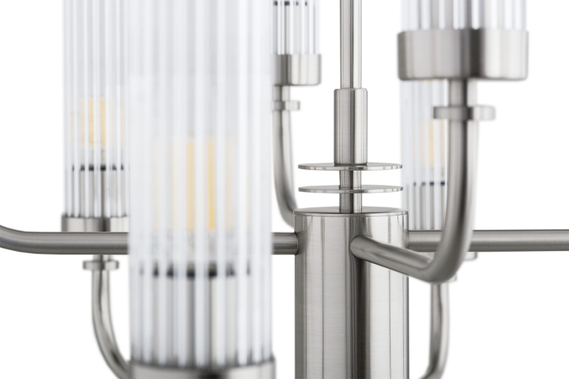 Duży srebrny niklowany żyrandol dwunastoramienny z kloszami z ryflowanego szkła PRESTON 12.