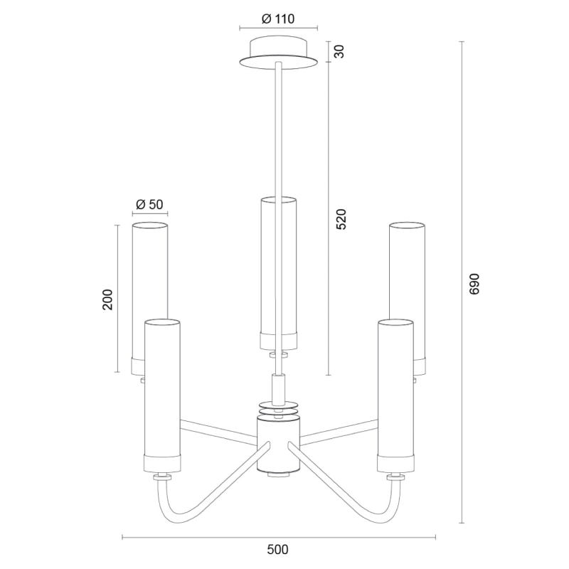Mosiężny żyrandol pięcioramienny z kloszami z mlecznego szkła PRESTON 5 - wymiary.