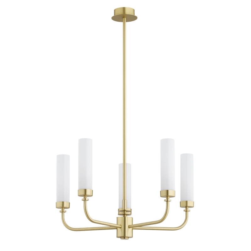 Mosiężny żyrandol pięcioramienny z kloszami z mlecznego szkła PRESTON 5.