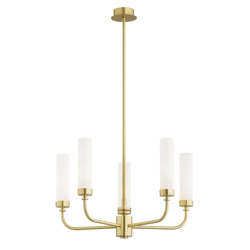 Mosiężny żyrandol pięcioramienny z kloszami z mlecznego szkła PRESTON 5.