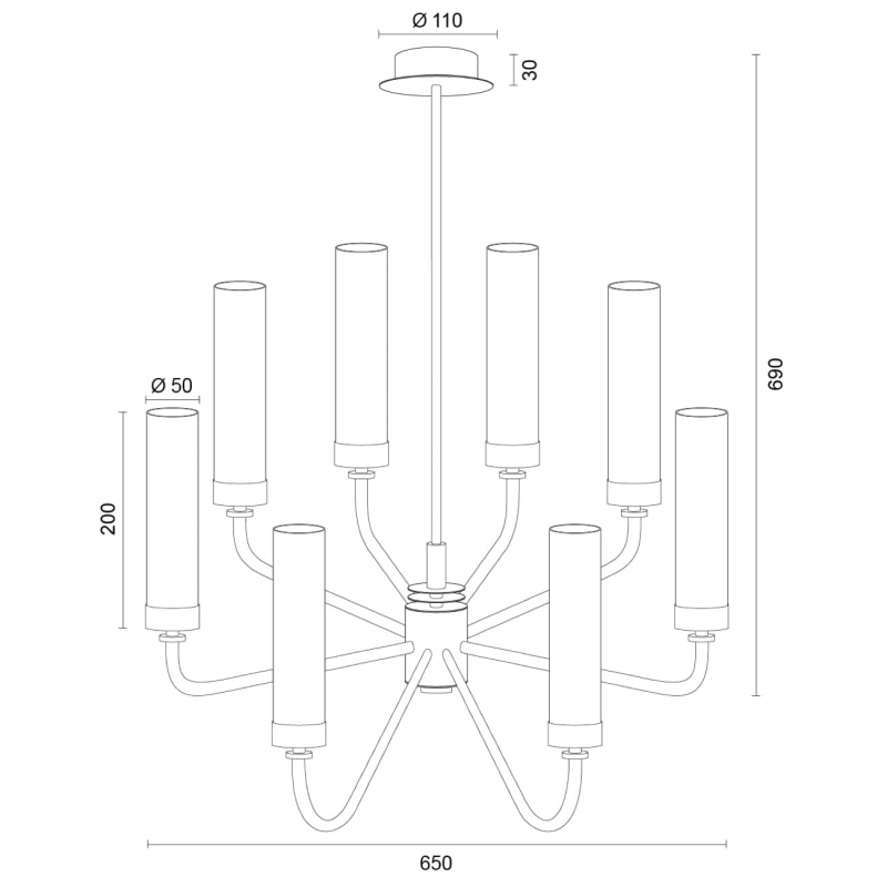 Mosiężny żyrandol ośmioramienny z kloszami z mlecznego szkła PRESTON 8 - wymiary.