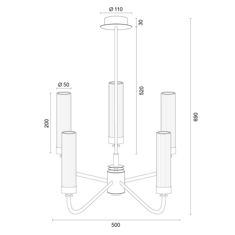 Mosiężny żyrandol pięcioramienny z kloszami z ryflowanego szkła PRESTON 5 - wymiary.