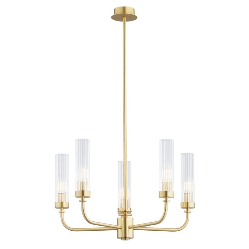 Mosiężny żyrandol pięcioramienny z kloszami z ryflowanego szkła PRESTON 5.