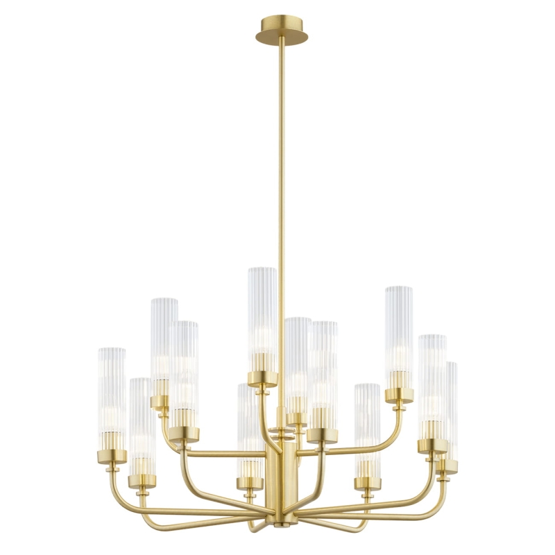 Duży mosiężny żyrandol dwunastoramienny z kloszami z ryflowanego szkła PRESTON 12.
