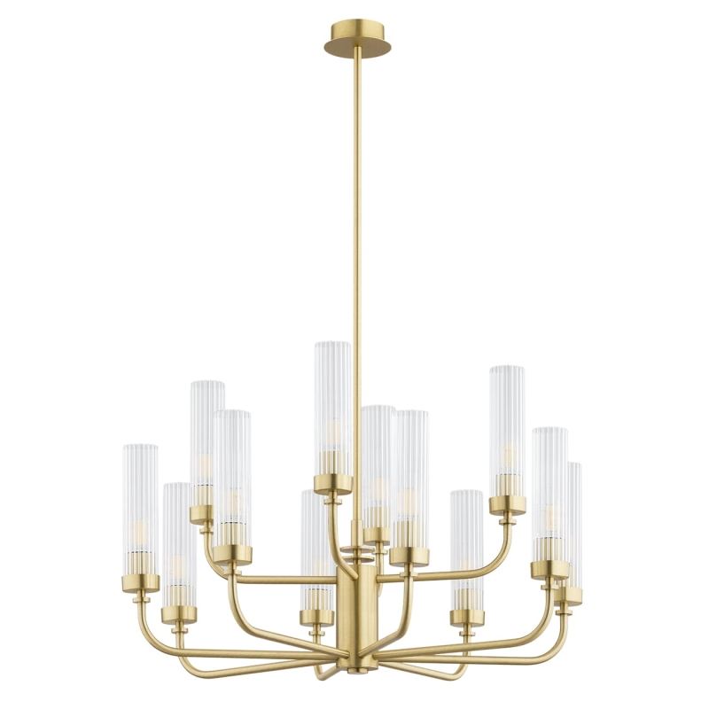 Duży mosiężny żyrandol dwunastoramienny z kloszami z ryflowanego szkła PRESTON 12.