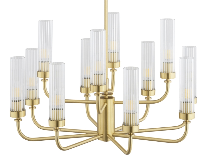 Duży mosiężny żyrandol dwunastoramienny z kloszami z ryflowanego szkła PRESTON 12.