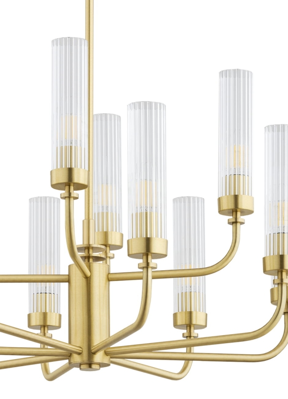 Duży mosiężny żyrandol dwunastoramienny z kloszami z ryflowanego szkła PRESTON 12.