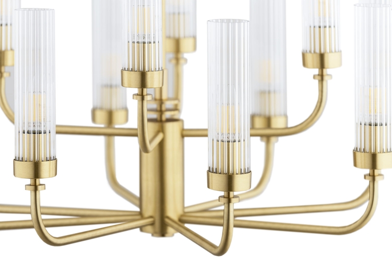 Duży mosiężny żyrandol dwunastoramienny z kloszami z ryflowanego szkła PRESTON 12.