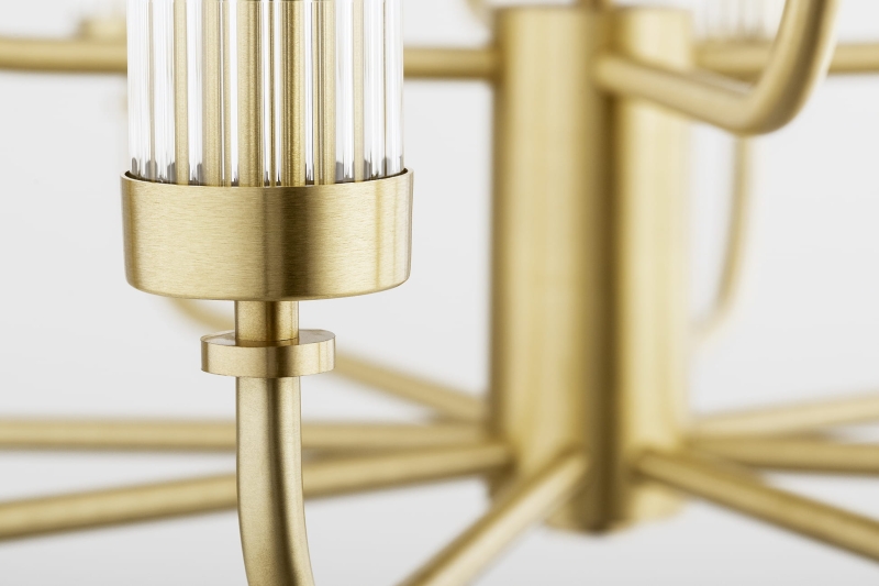 Duży mosiężny żyrandol dwunastoramienny z kloszami z ryflowanego szkła PRESTON 12.