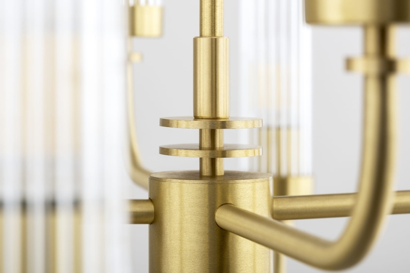 Duży mosiężny żyrandol dwunastoramienny z kloszami z ryflowanego szkła PRESTON 12.