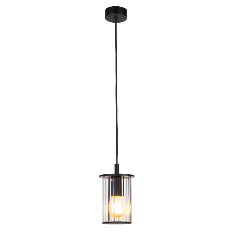 Czarna lampa wisząca ogrodowa z kloszem z ryflowanego szkła w kształcie tuby NORFOLK.