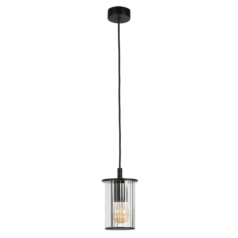 Czarna lampa wisząca ogrodowa z kloszem z ryflowanego szkła w kształcie tuby NORFOLK.