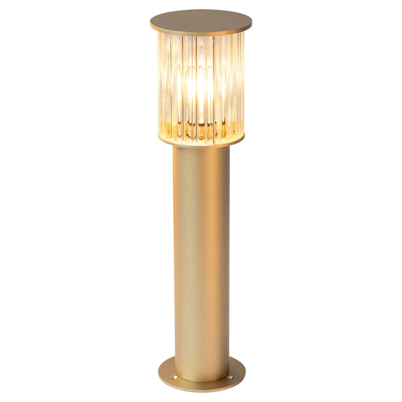 Złota lampa słupek ogrodowy NORFOLK z aluminium i ryflowanego szkła.