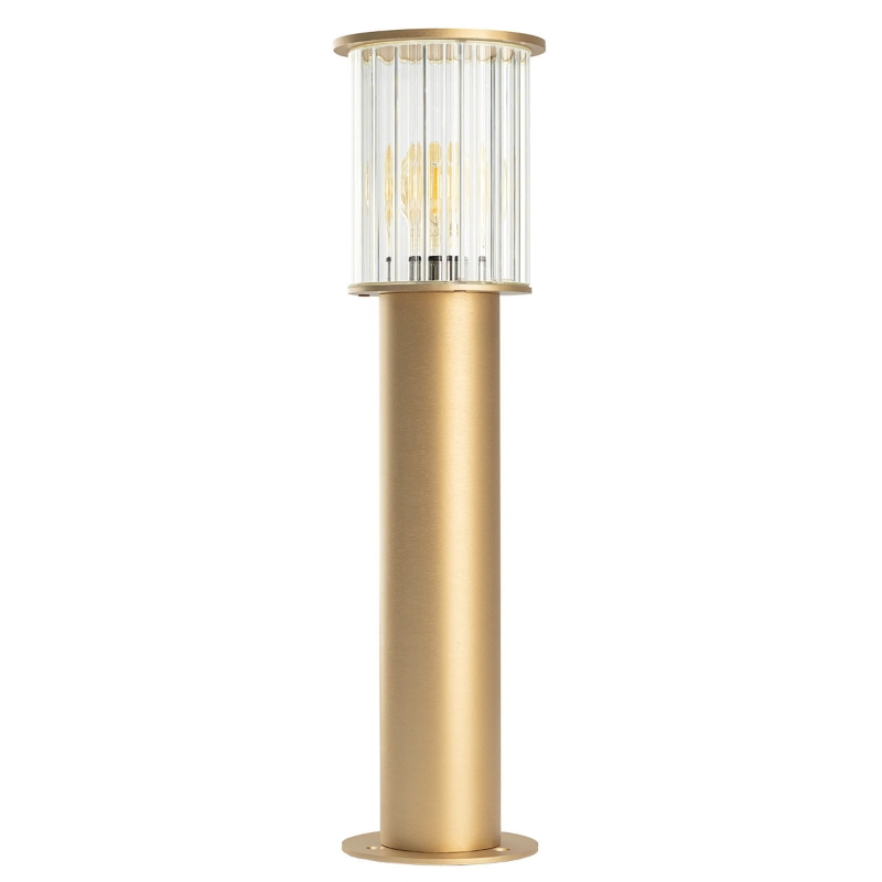 Złota lampa słupek ogrodowy NORFOLK z aluminium i ryflowanego szkła.